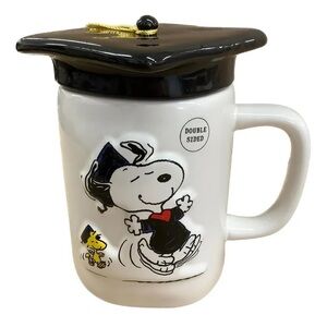 Rae Dunn White Mug with Black Graduation Cap Lid and Snoopy Design